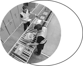 Men in high-vis vests scanning boxes on a conveyer belt