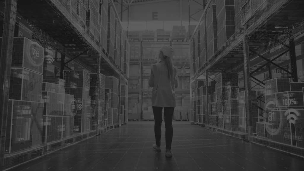 Futuristic Technology Retail Warehouse: Worker Doing Inventory Walks when Digitalization Process Analyzes Goods,