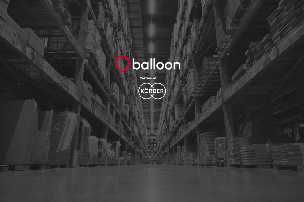 Warehouse aisle with Balloon One logo