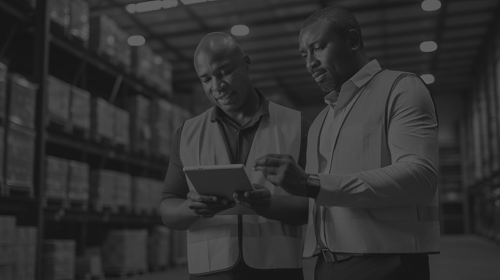 Men in warehouse looking at tablet