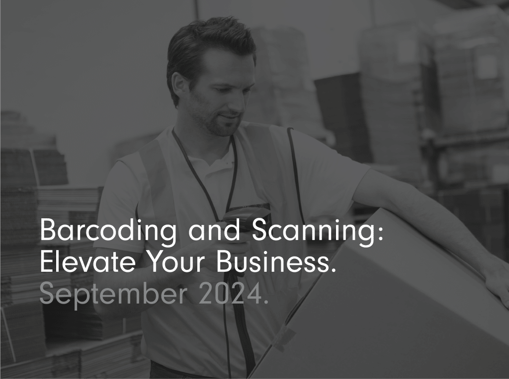 barcoding and scanning elevate your business man in background with scanner black and white