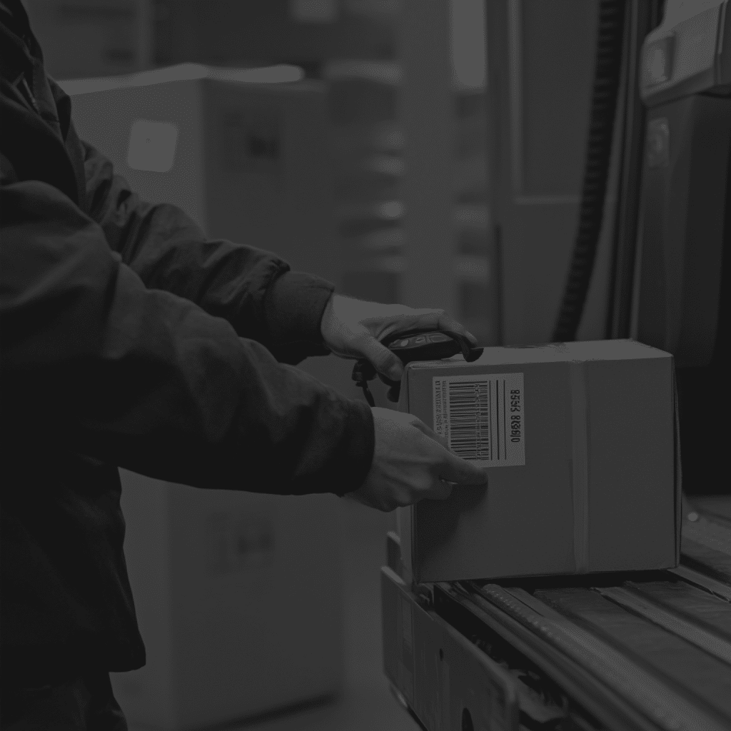 package being scanned with barcode reader before being placed delivery truck black and white