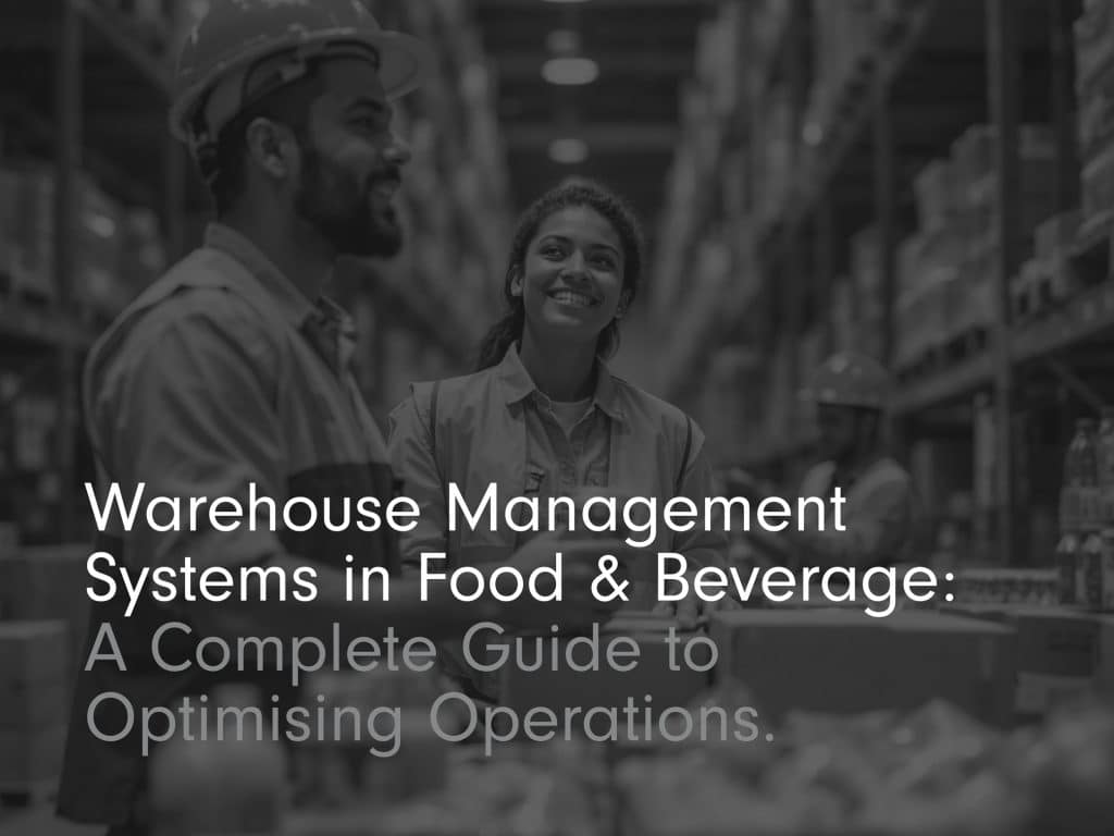 'warehouse management systems in food and beverage: a complete guide to optimising operation' title page image in black and white with two employees in hi vis's smiling