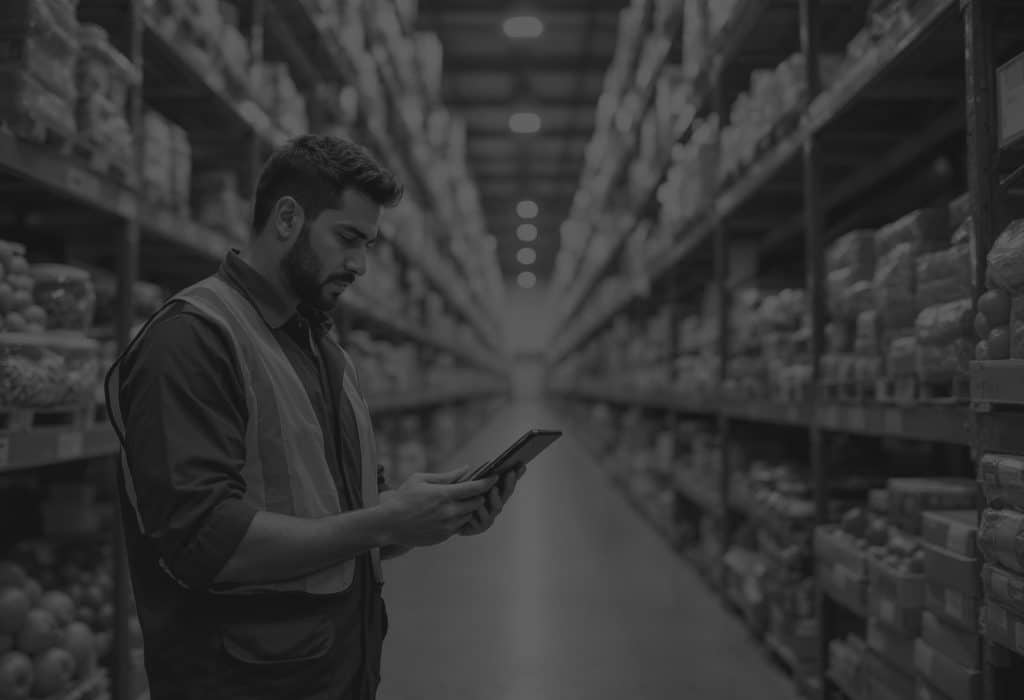 man in hi vis down food aisle of warehouse staring at tablet inspecting food items