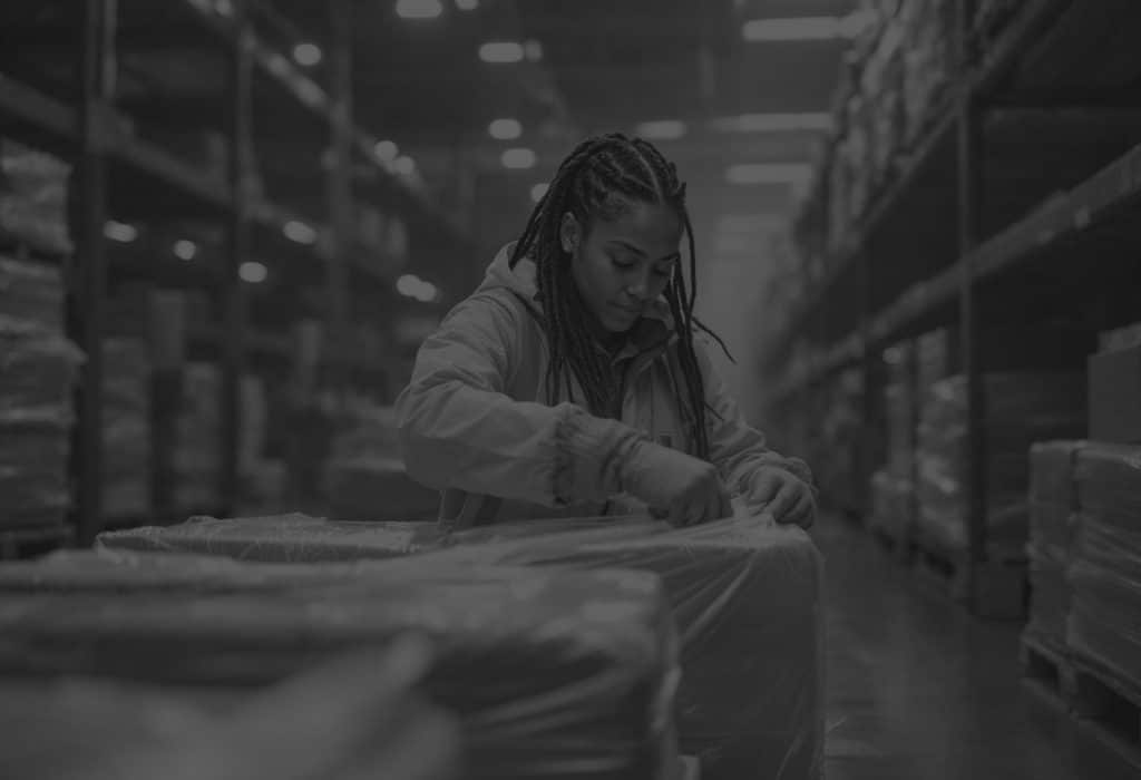 woman in warehouse with pink hi vis inspecting the wrapping of a boax manually in black and white