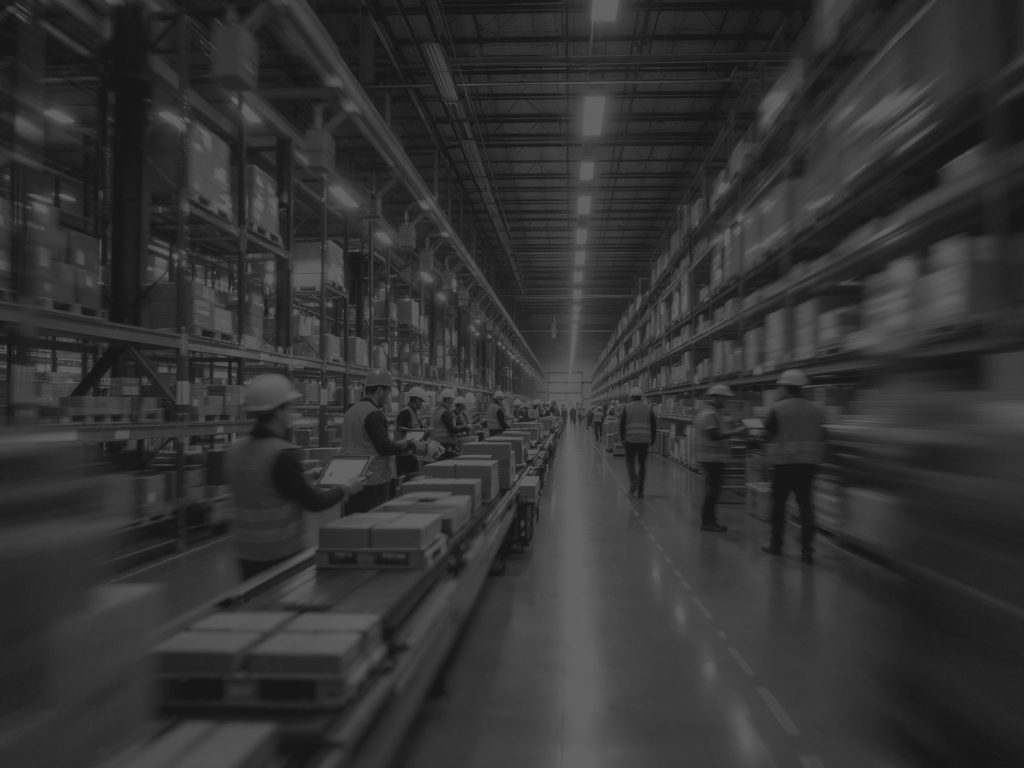 packing belt in warehouse and lots of workers