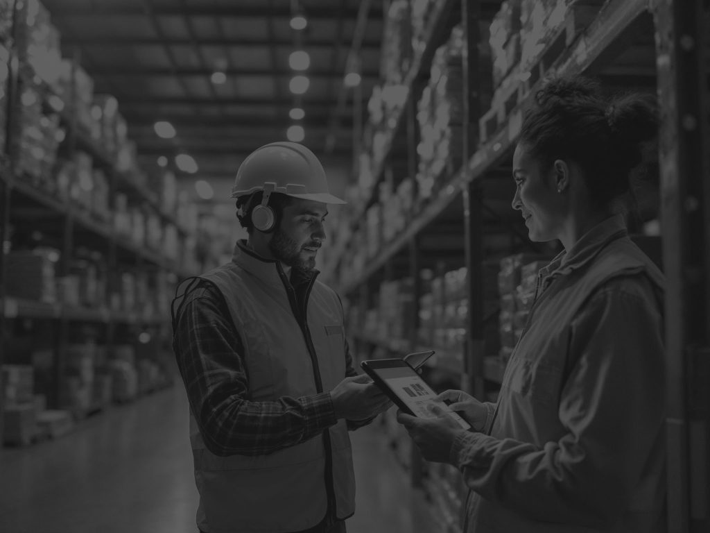 woman on tablet in warehouse with colleague in front of her wearing hard hat