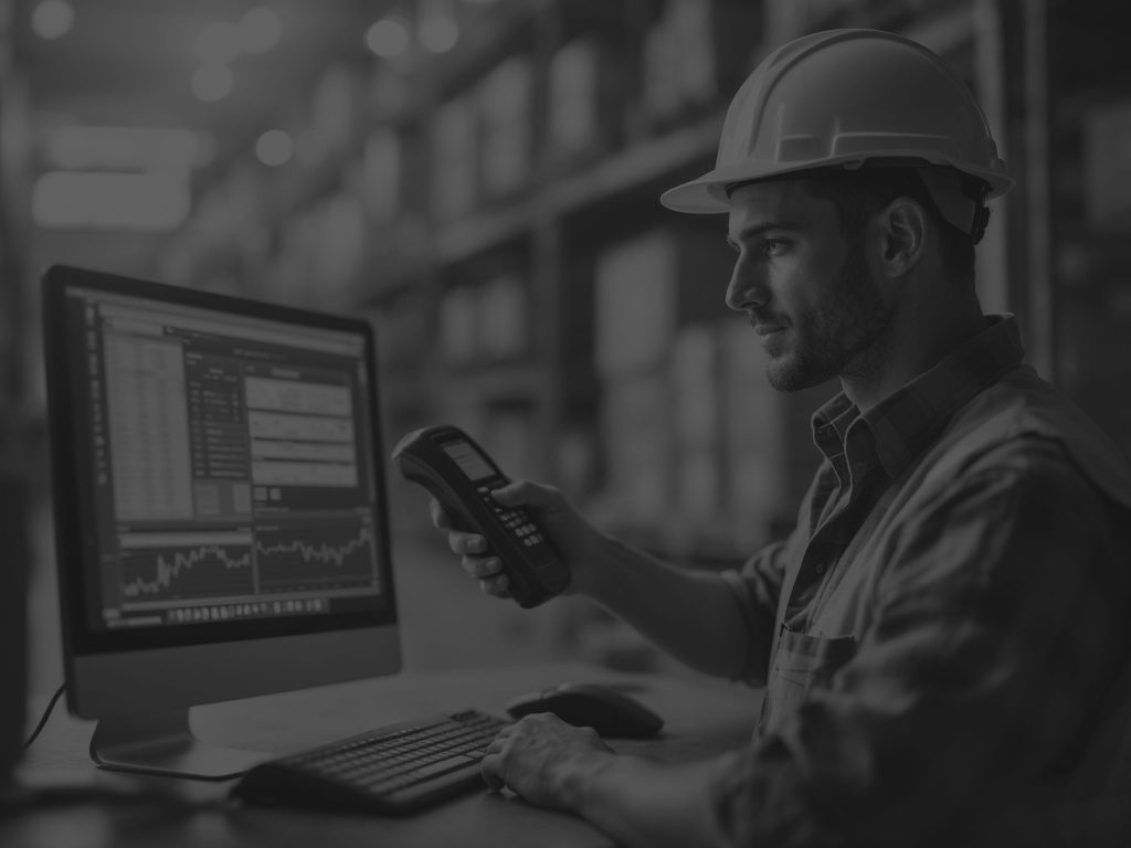 man with scanner in warehouse on computer