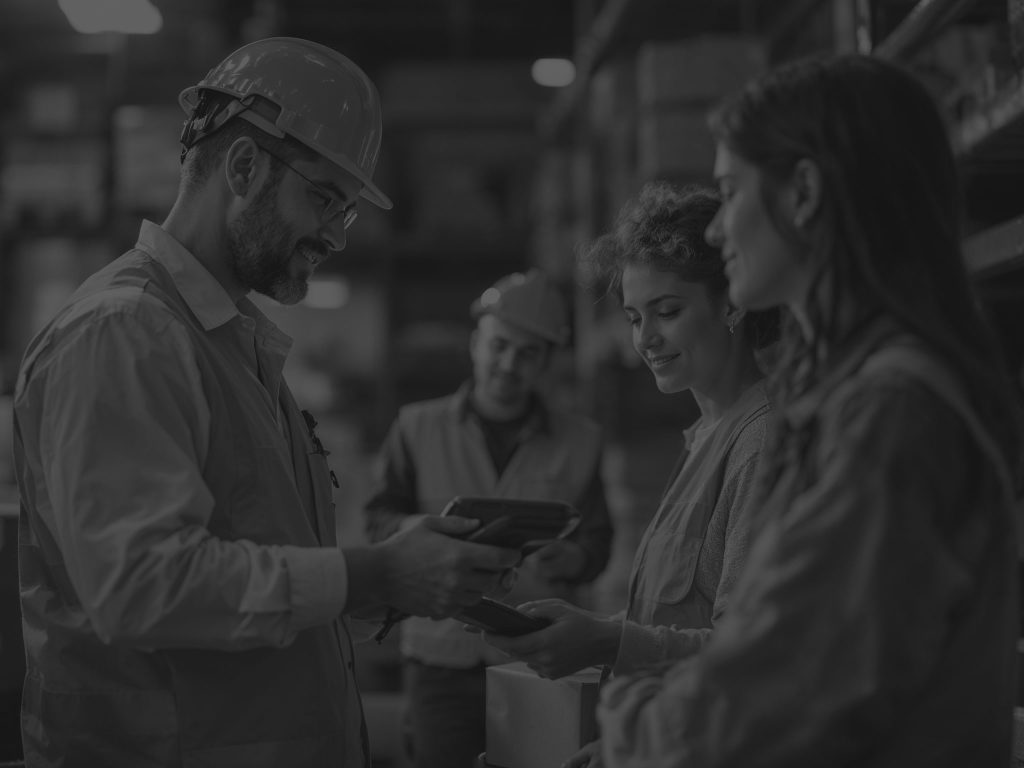 team of people standing around in warehouse