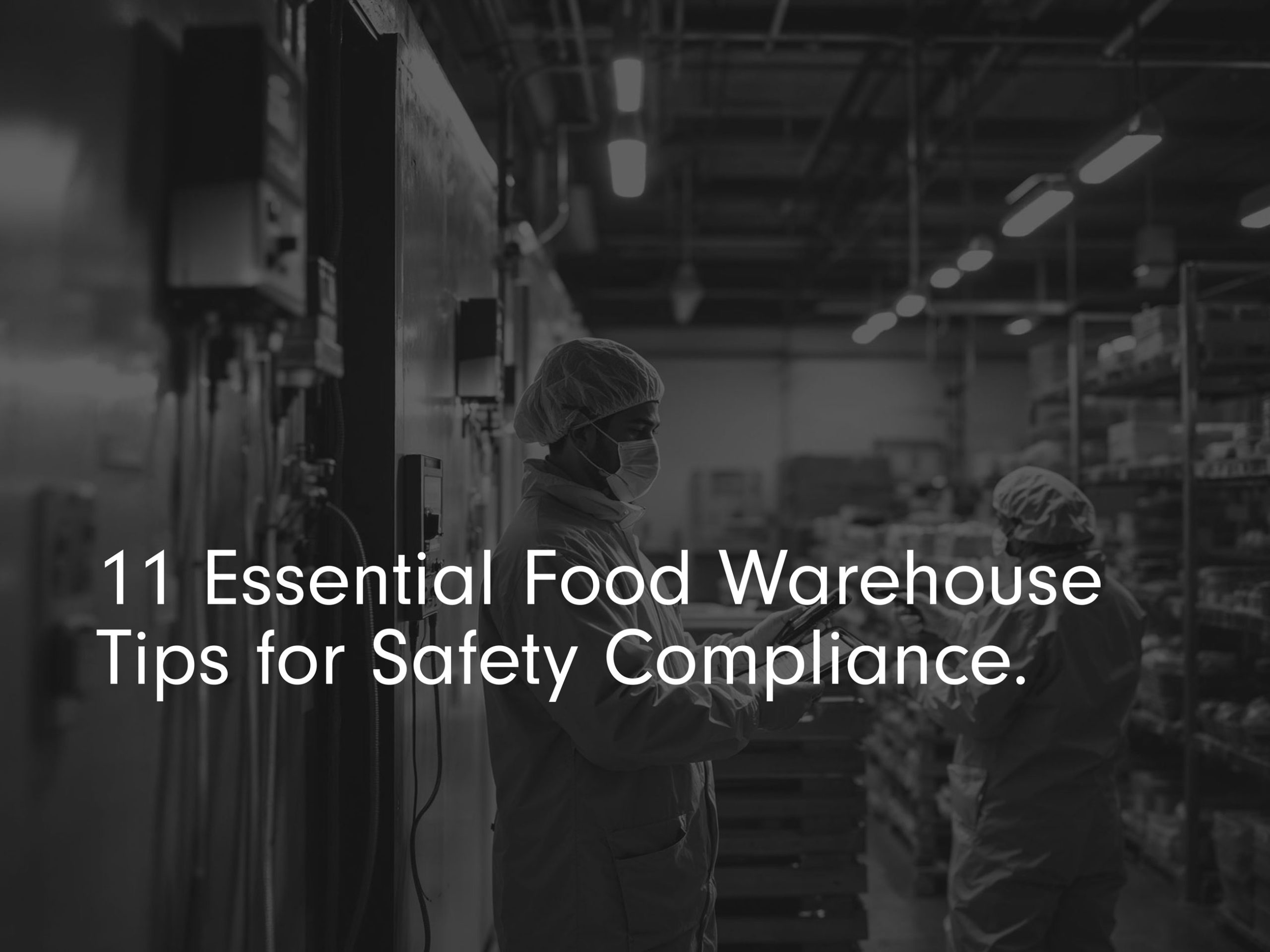 11 essential food warehouse tips for safety complaince title image with black and white photo of food warehouse worker with checkboard
