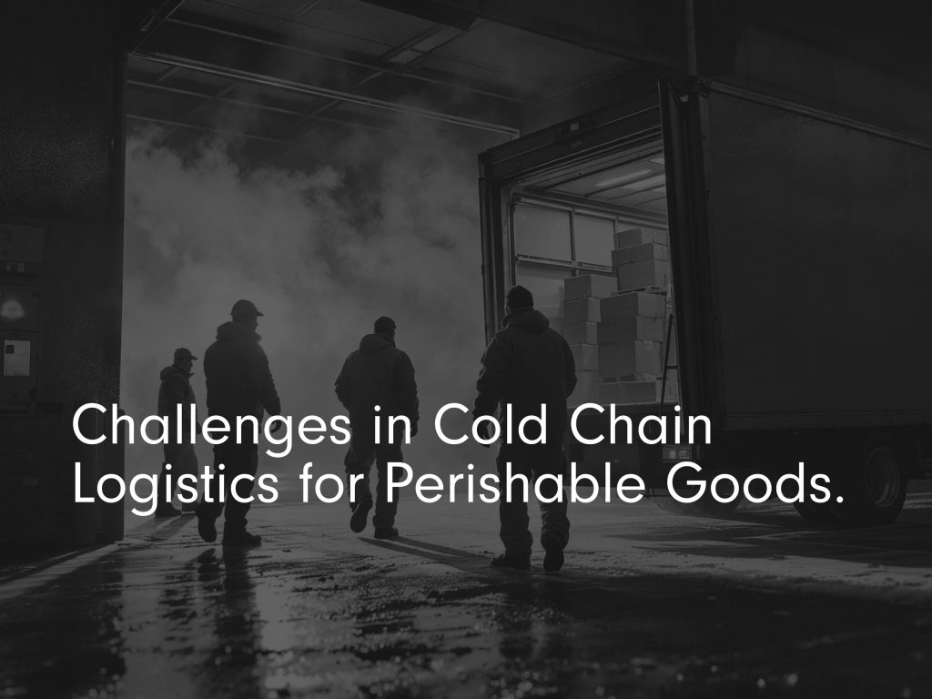 'Challenges in cold chain logistics for perishable goods' title image black and white with warehouse workers getting products out the back of a lorry