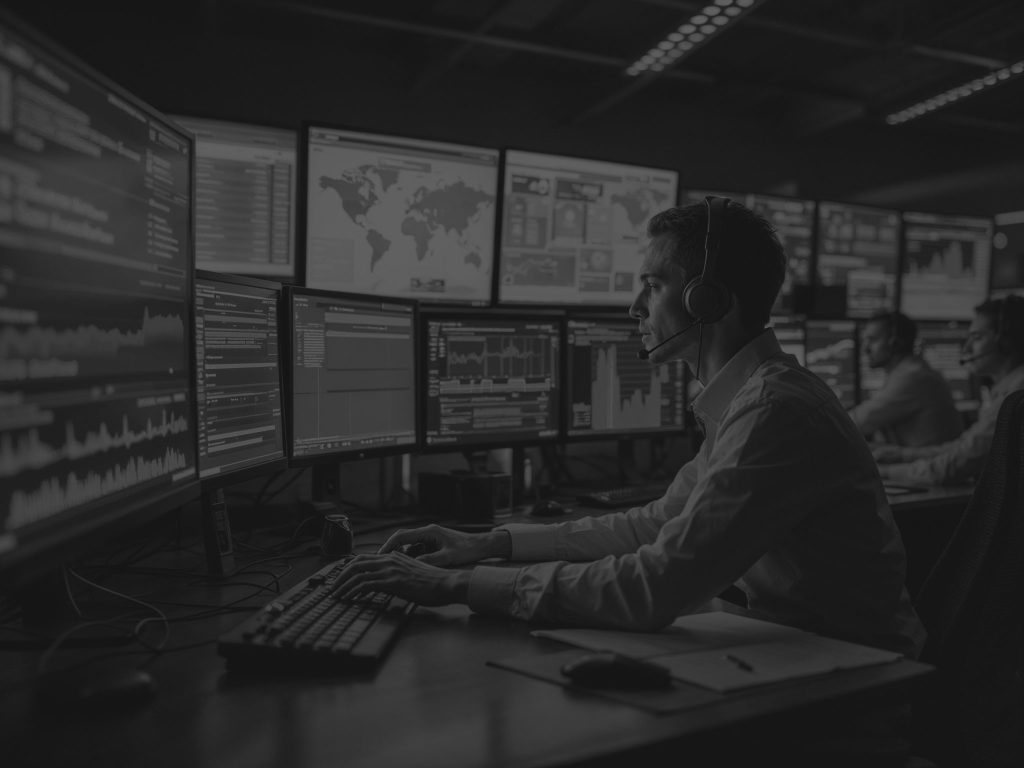 man with multiple screens monitoring supply chain from computer black and white
