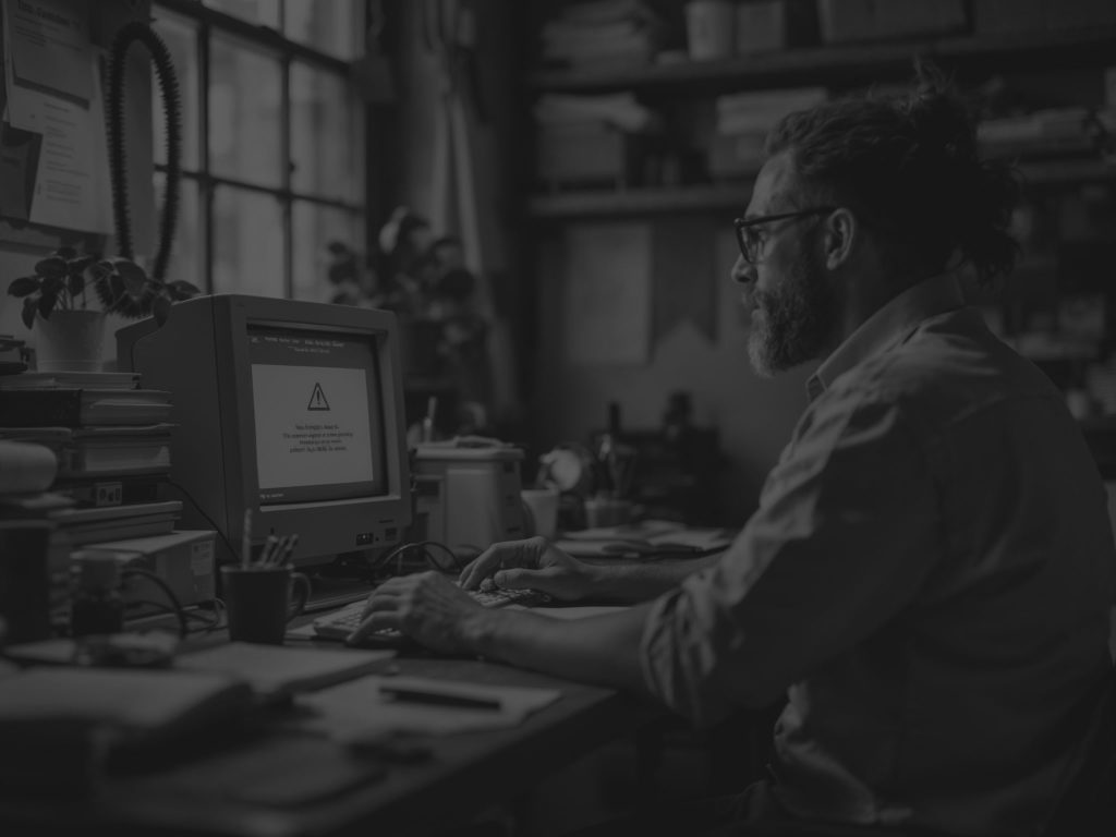 man in small office looking at computer which has been hacked black and white