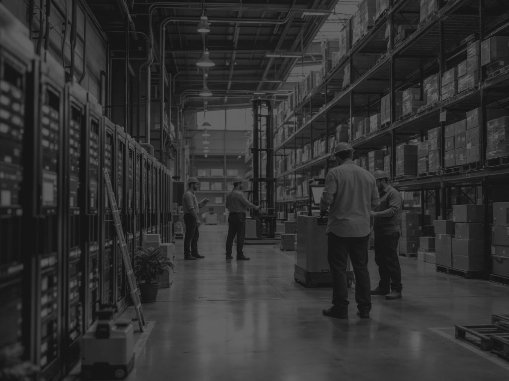 people in warehouse with servers to the left in black and white