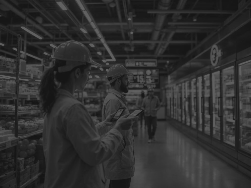 two workers looking at the refrigerators black and white