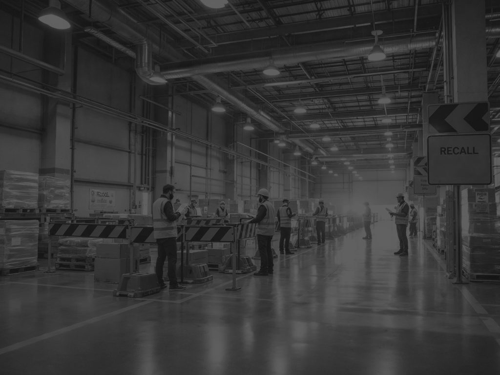 Recall area in warehouse with warehouse workers working black and white