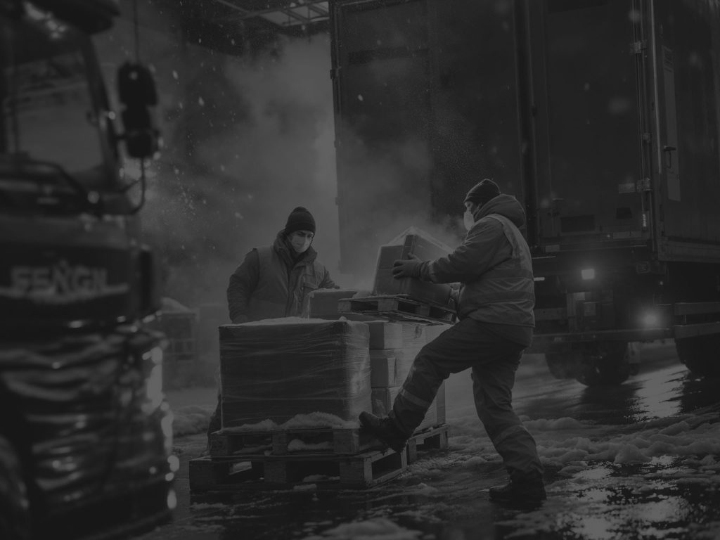 workers with masks taking products off a pallet from the back of a lorry black and white