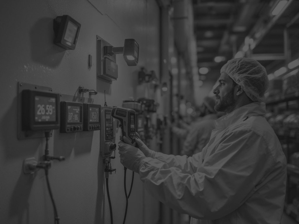 man in warehouse holding temperature gun black and white