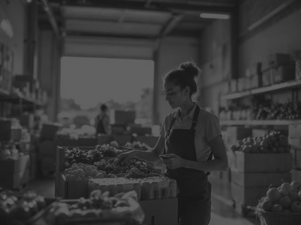 woman in wareous outbound inspecting food black and white