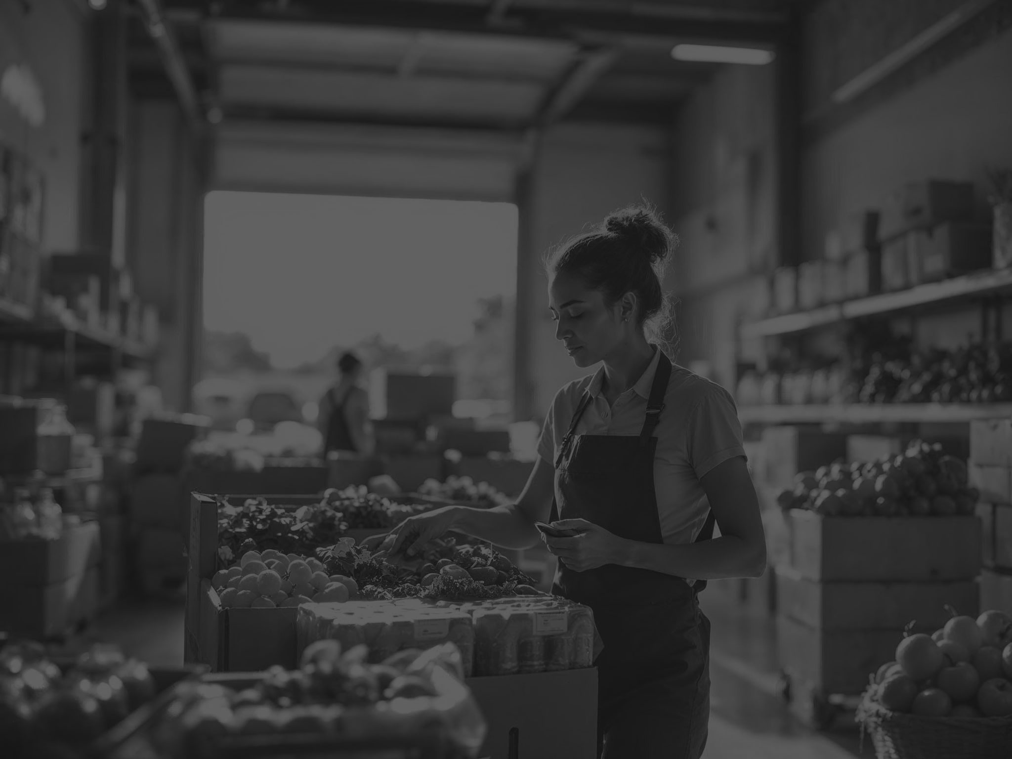 woman in wareous outbound inspecting food black and white