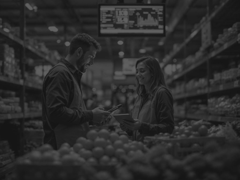 man and woman looking at each other in warehouse food aisle with screen monitor behind black and white