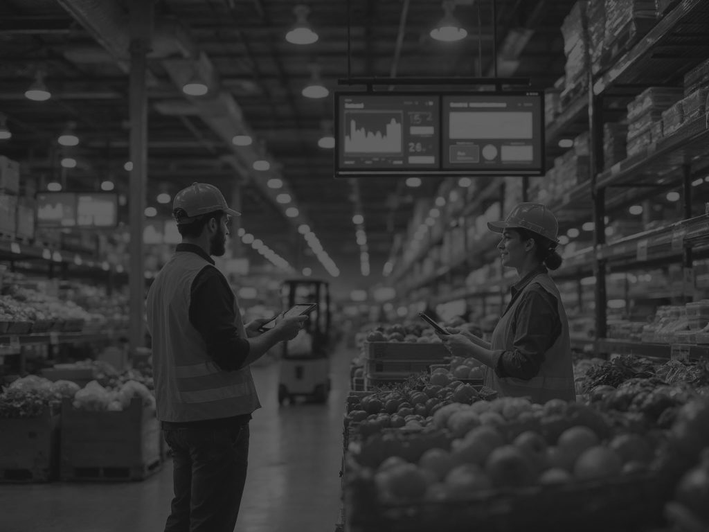 man and woman in warehouse looking at each other between the food aisle black and white