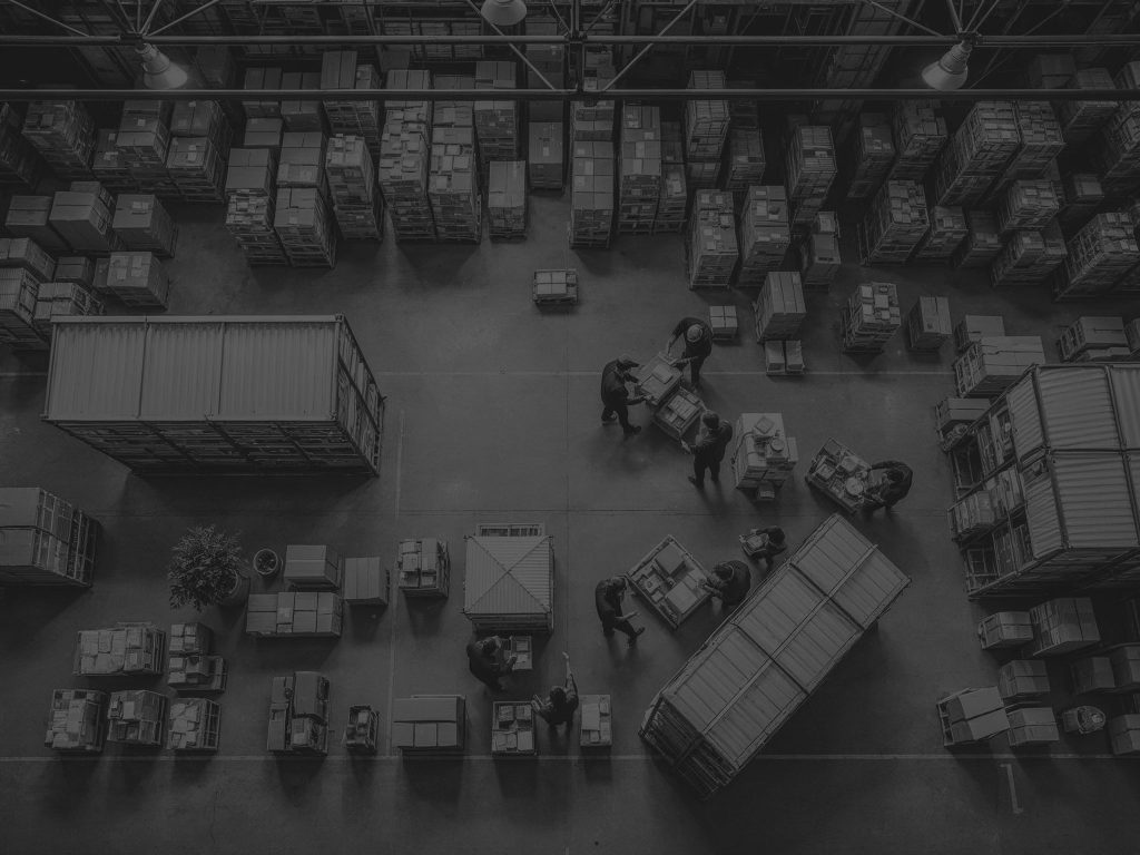 aerial view of warehouse black and white