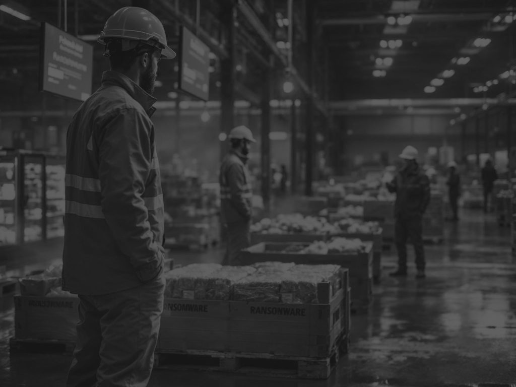 black and white image of men in warehouse