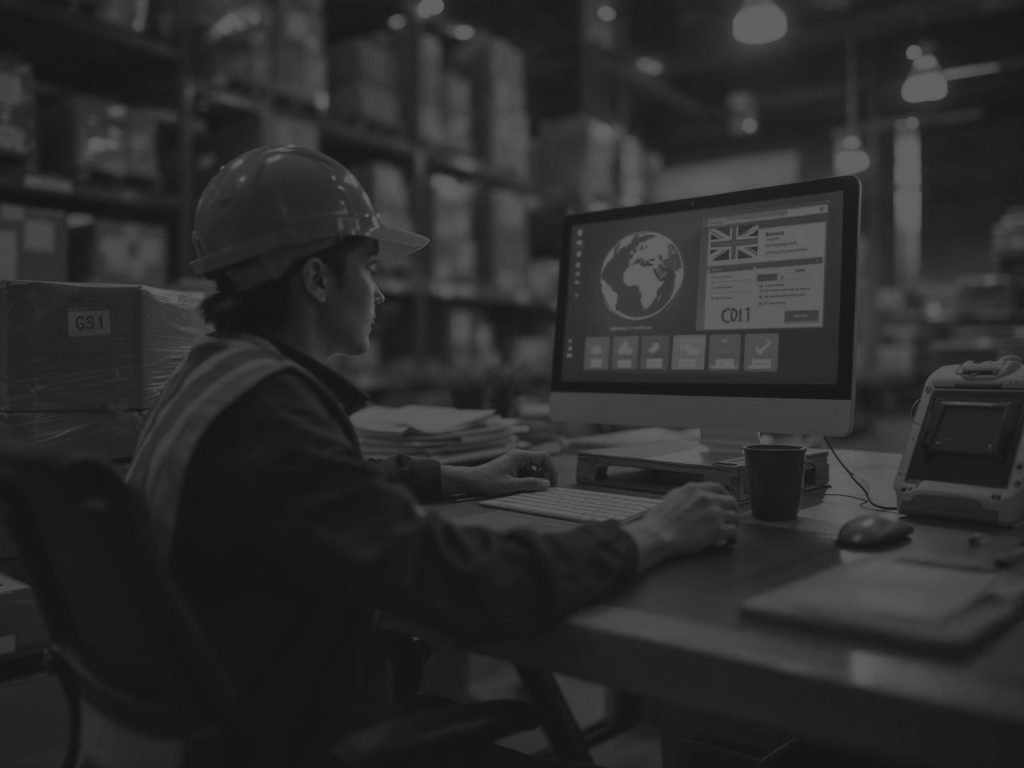 warehouse worker on computer automating processes black and white