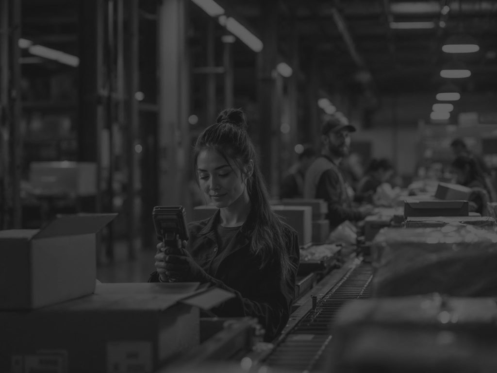 woman holding scanner in warehouse black and white