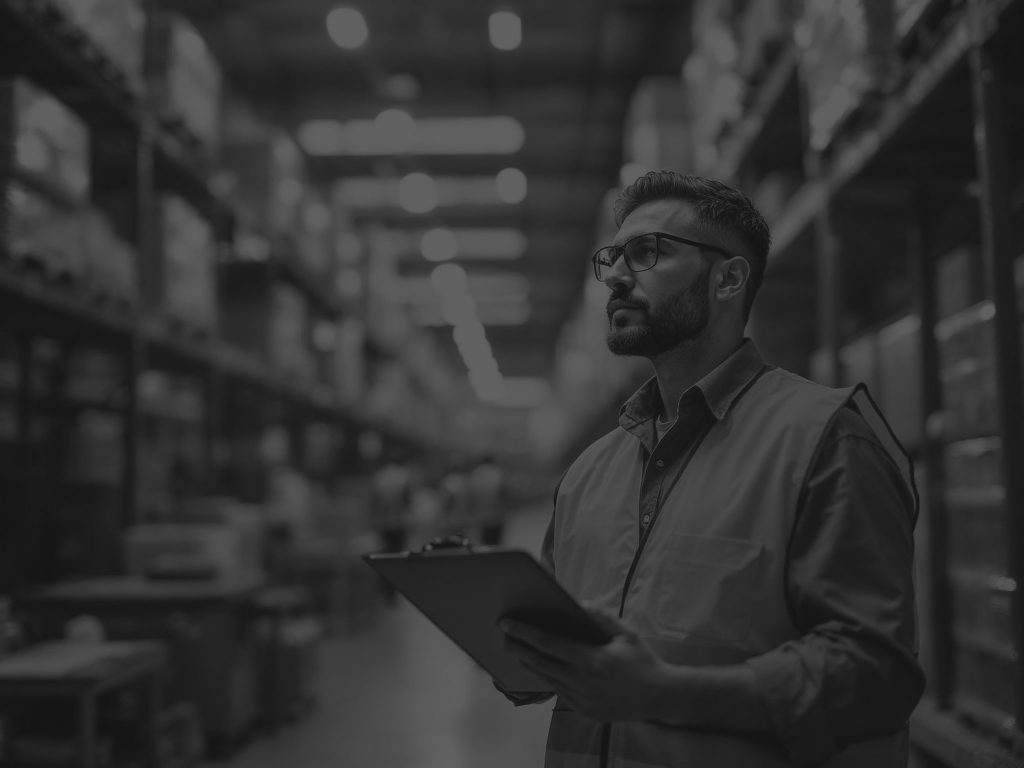man in warehouse with checkboard black and white