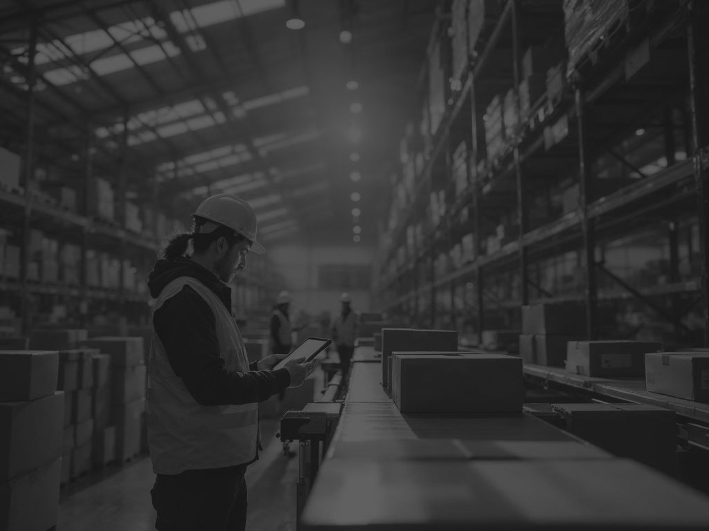 man checking boxes on warehouse conveyor belt black and white