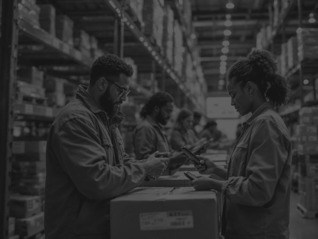 warehouse workers scanning boxes black and white
