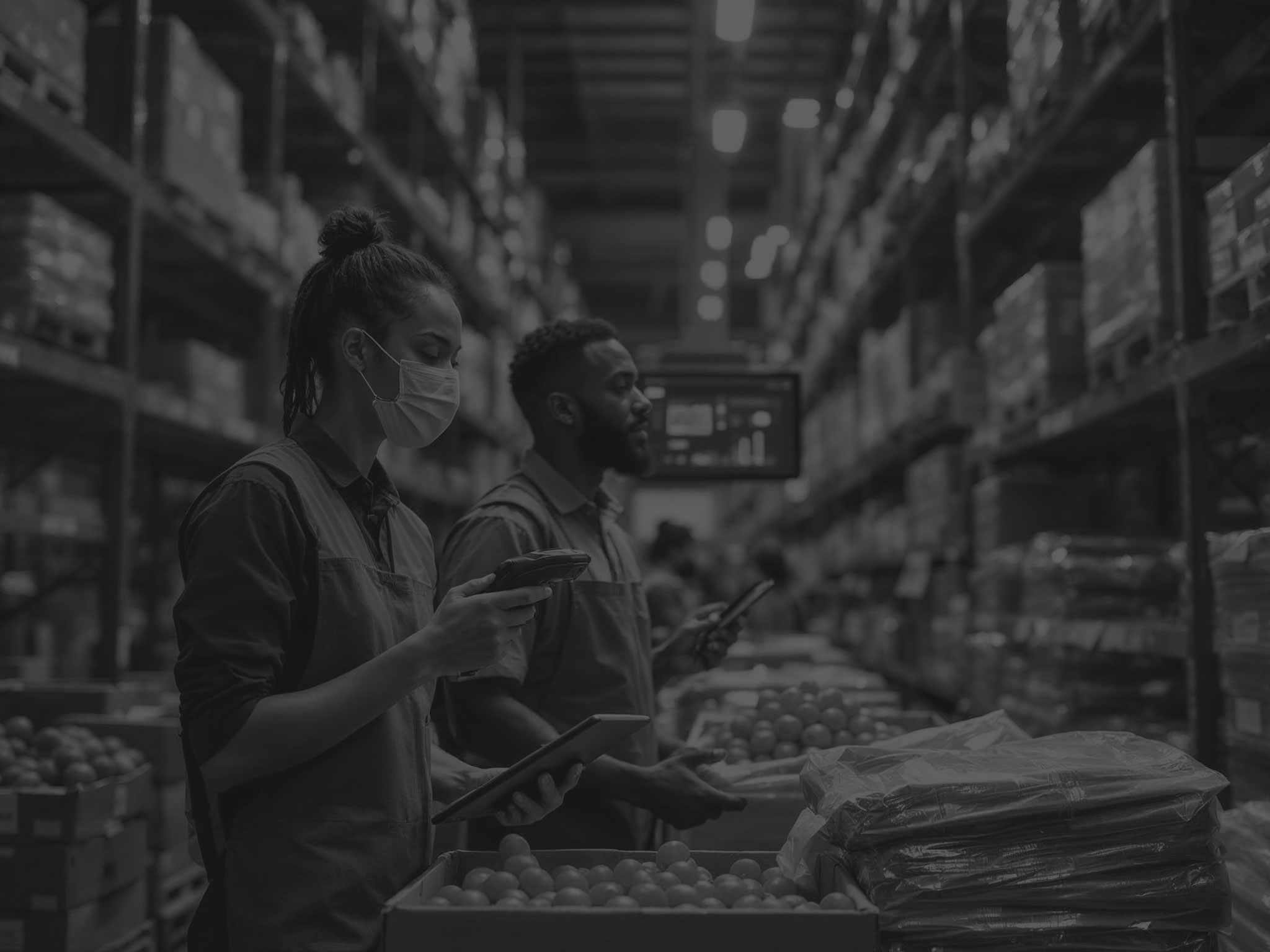 man and woman in warehouse holding scanners in front of vegetables black and white