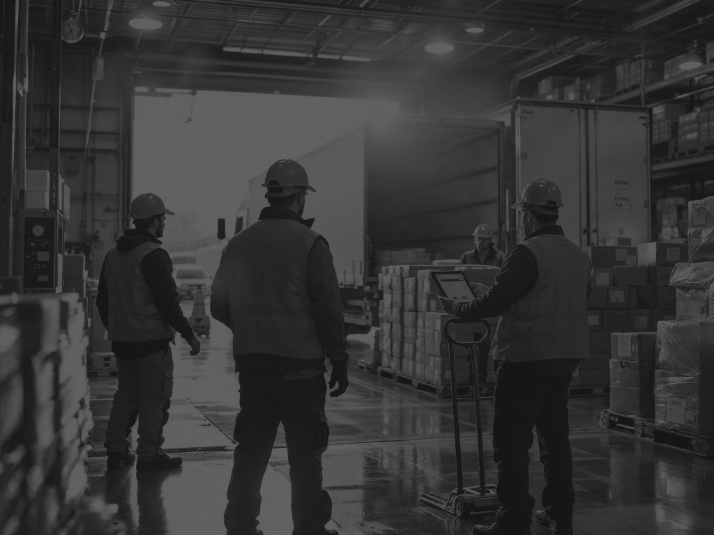 warehouse workers at back of lorry in warehouse black and white