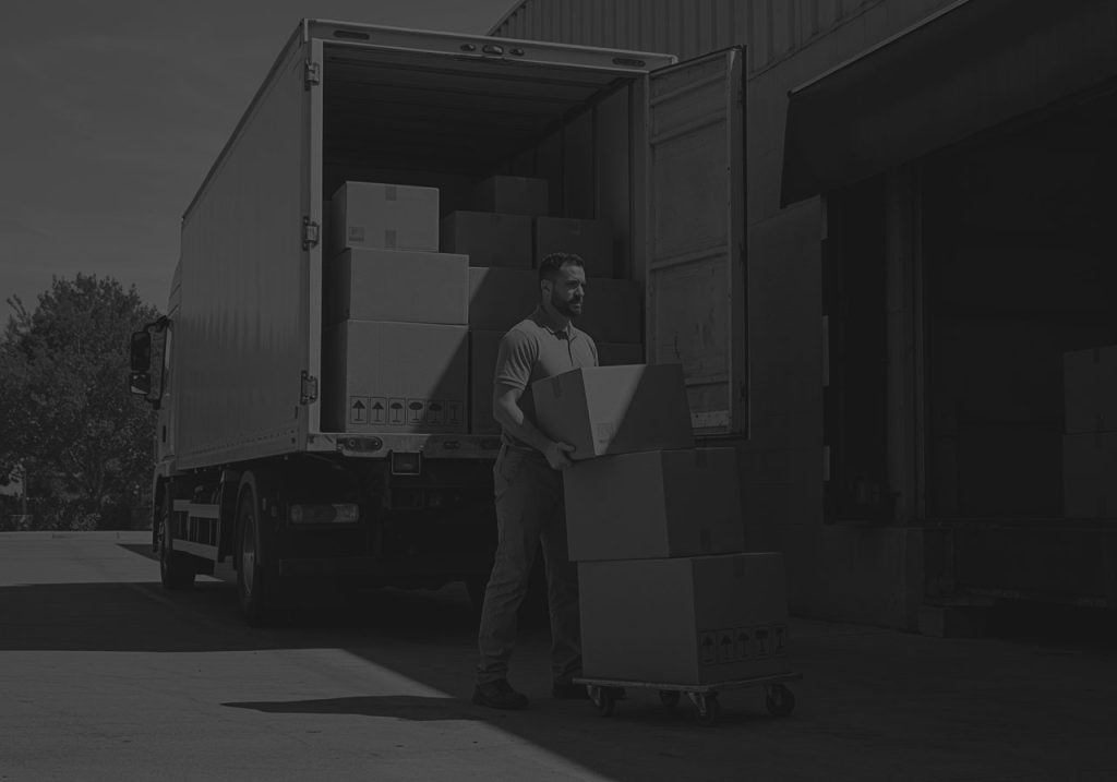 man in t shirt picking up multiple boxes and loading them into the back of a lorry