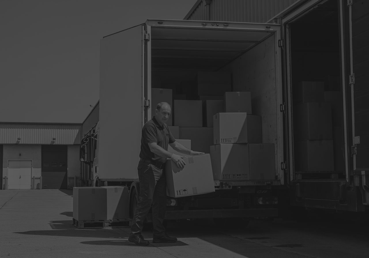man loading boxes into back of van black and white