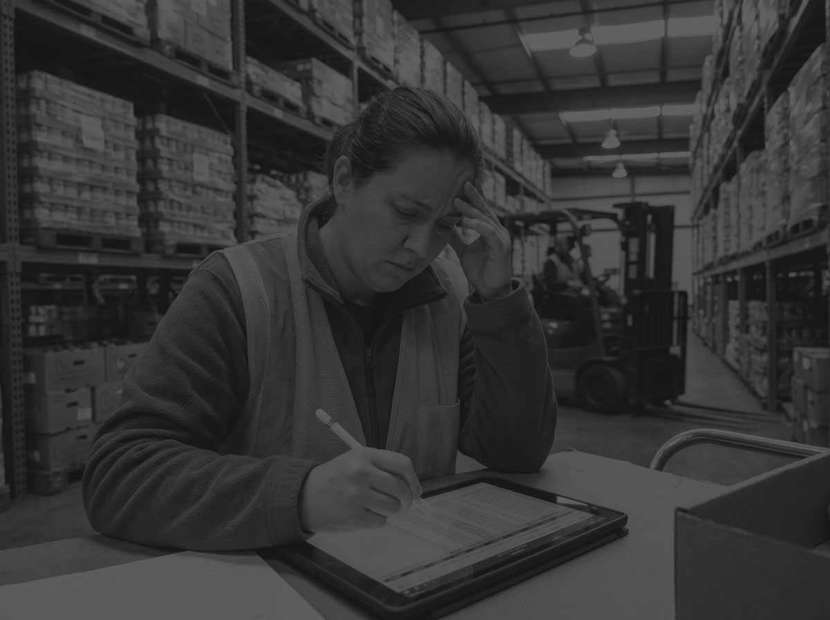Woman in Hi-Vis looking down at WMS tablet black and white