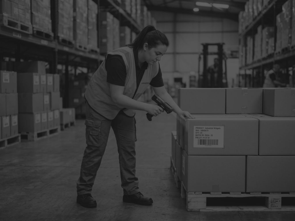 woman in hi-vis scanning box barcode for traceability