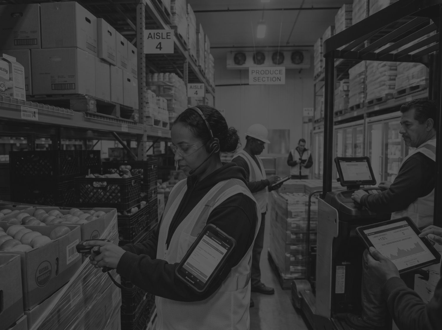 black and white photo of warehouse workers in warehouse using wms