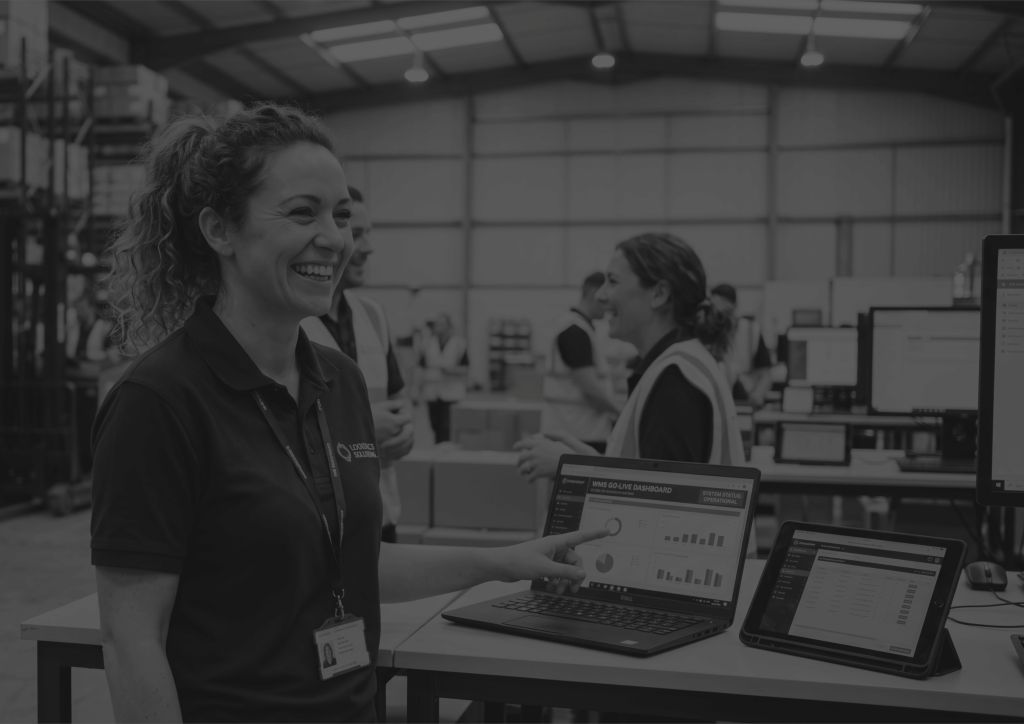 WMS Implementation gone well woman happy in front of dashboard black and white