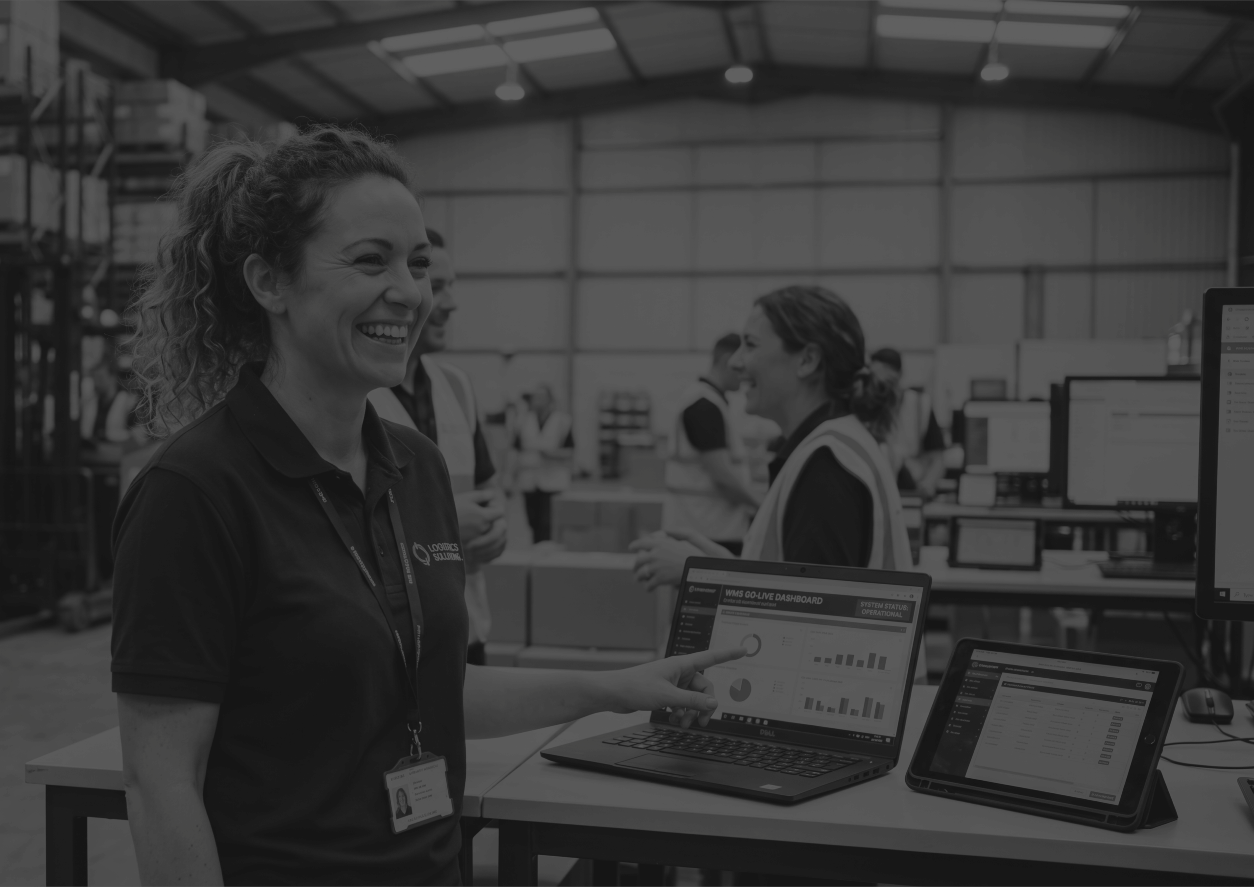 WMS Implementation gone well woman happy in front of dashboard black and white
